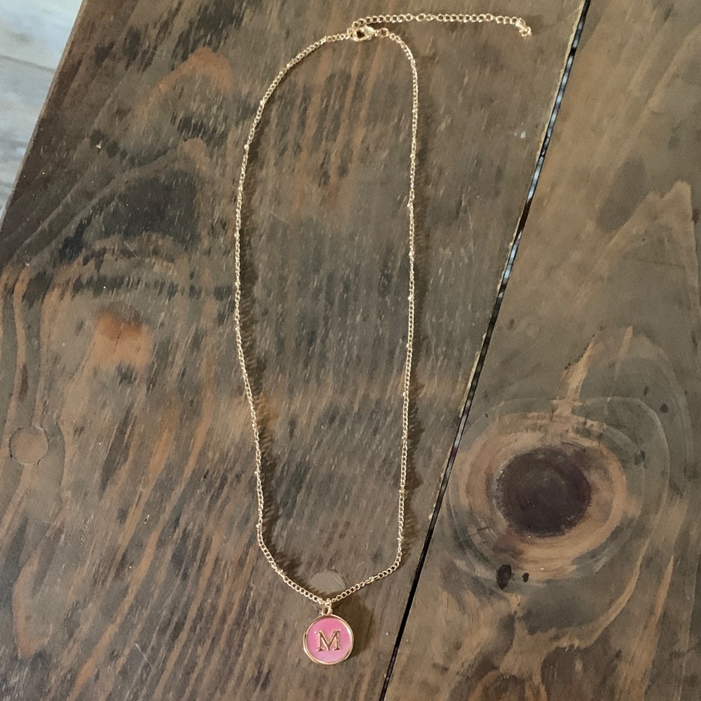 Gold Necklace with Pink 'M' Pendant - Monogram Initial Pendant Necklace